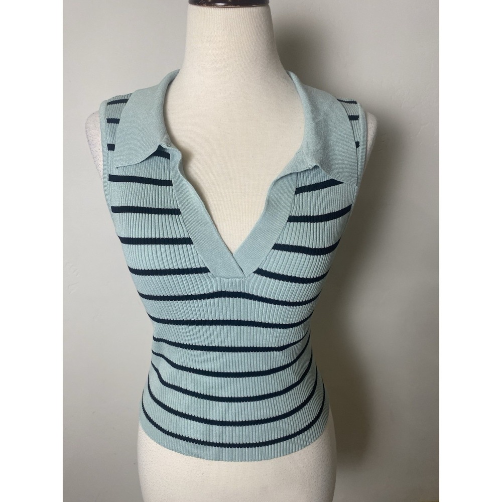 Love Tree Women's Blue/Black Striped Knit Sweater Shirt Sleeveless L EUC Viscose